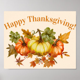 Affiche Bon thanksgiving aquarelle Citrouilles et Feuilles