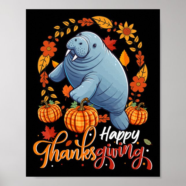 Affiche Bon thanksgiving Manatee En Feuille Citrouille (Devant)