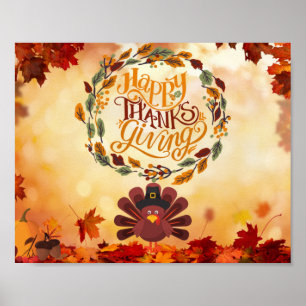 Affiche Bon thanksgiving mignonne Turquie et feuilles d'au