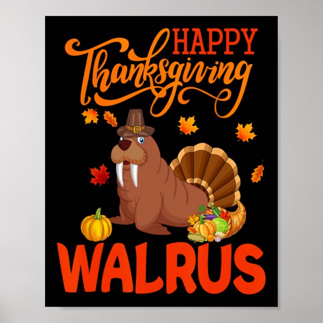 Affiche Bon thanksgiving Walrus Costume Turquie Fall Leav (Devant)