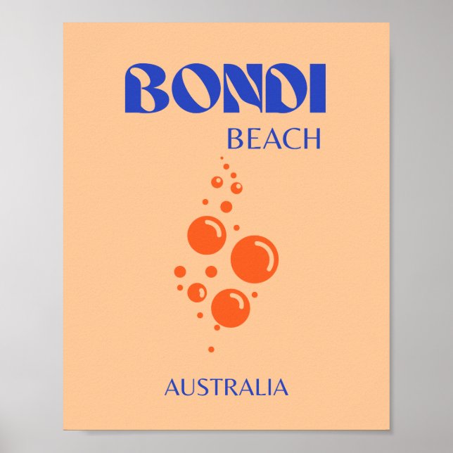Affiche Bondi Beach, Art Preppy, Orange, Bleu (Devant)