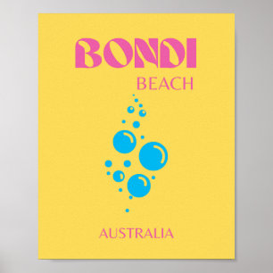 Affiche Bondi Beach, Travel Art, Preppy, Jaune, Rose