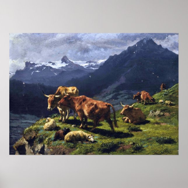 Affiche Bonheur - Cattle And Sheep In An Alpine Landscape (Devant)