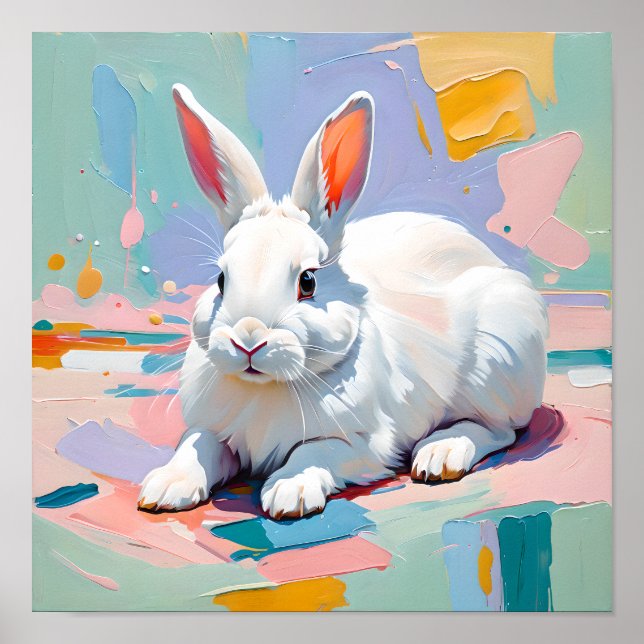 Affiche Bonheur de Lapin Pastel – Lapin Blanc Abstrait (Devant)
