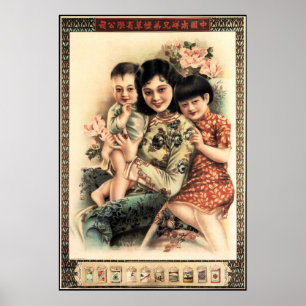 Affiche BONHEUR Mère Enfant Chinois Publicité Rétro