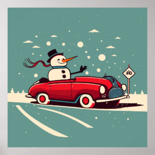Affiche bonhomme de neige au revoir à une voiture