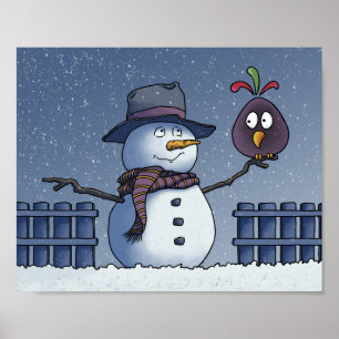 Affiche Bonhomme de neige avec oiseau