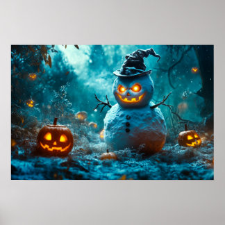 Affiche Bonhomme de neige effrayant d'Halloween dans la fo