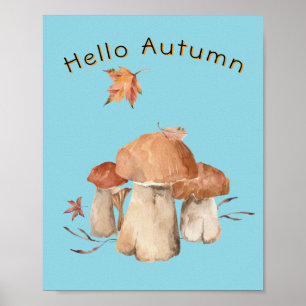 Affiche Bonjour Automne Feuilles Sèches Champignons Aquare