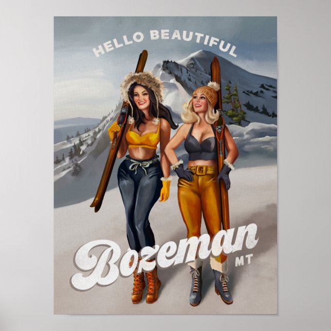 Affiche "Bonjour Beau Bozeman" Retro Pinup Ski Art (Devant)