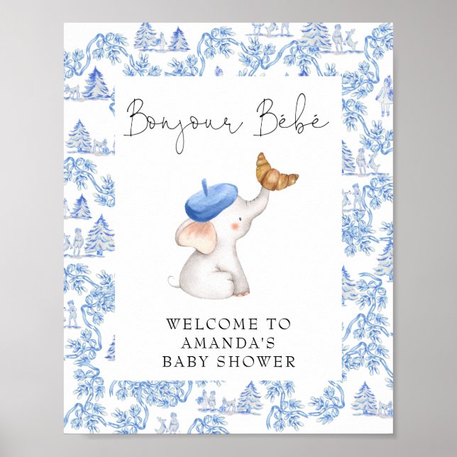 Affiche Bonjour Bebe Blue French Boy Welcome Baby Shower (Devant)