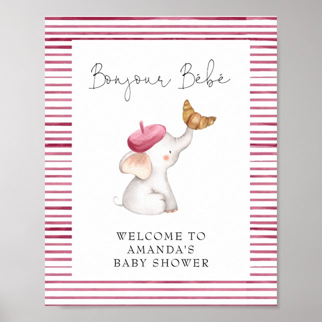 Affiche Bonjour Bebe French Elephant Baby shower de bienve (Devant)