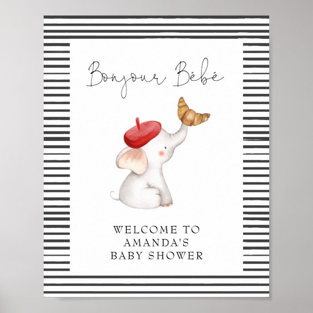 Affiche Bonjour Bebe French Elephant Baby shower de bienve (Devant)