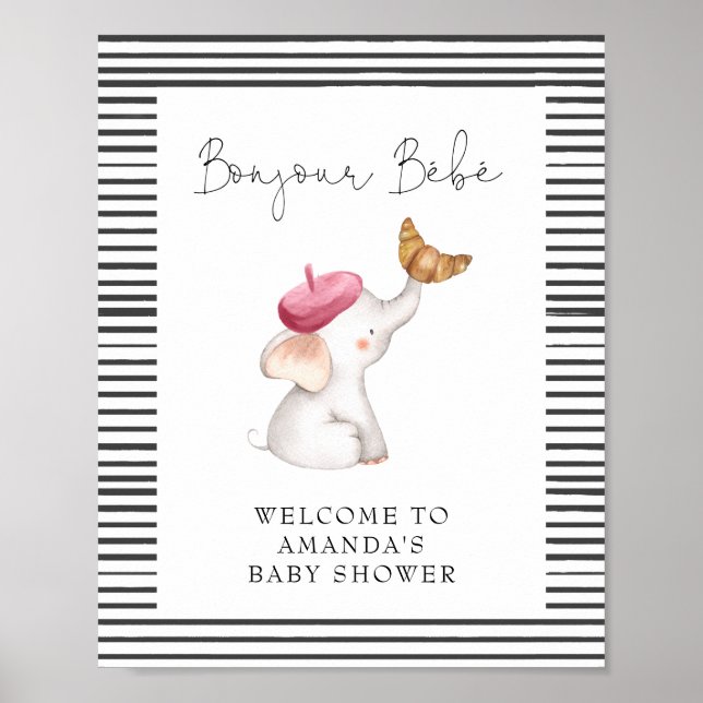 Affiche Bonjour Bebe French Elephant Baby shower de bienve (Devant)