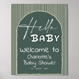 Affiche Bonjour Bébé Rayures Vert Foncé Baby Shower Bienve