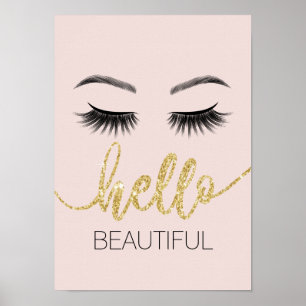 Affiche Bonjour Belle Eyelashes Gold Typographie Salon