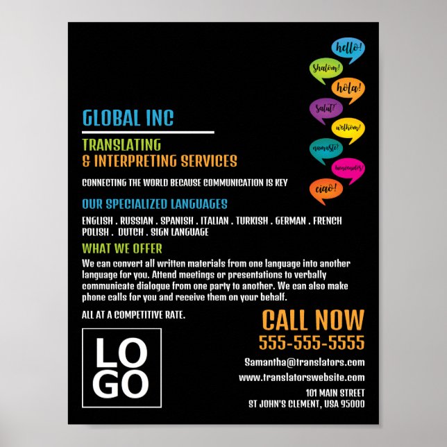 Affiche Bonjour Design, Traducteur et Interprète (Devant)