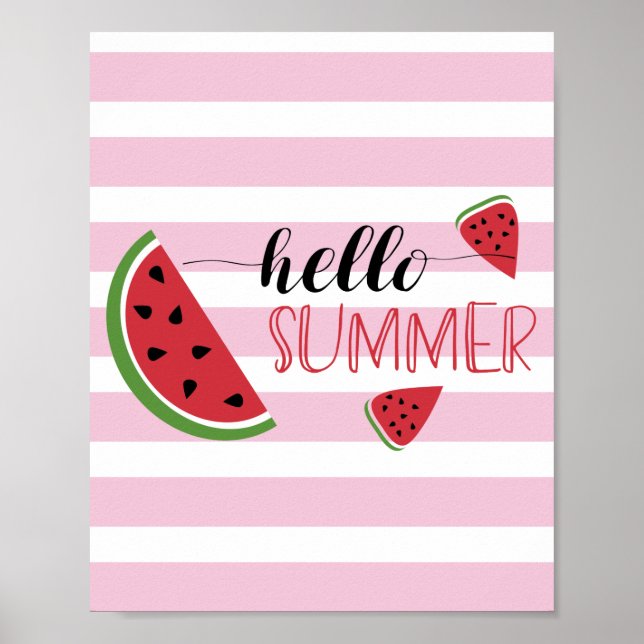 Affiche Bonjour Eté Watermelon Slices mignon rose blanc (Devant)