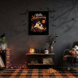 Affiche Bonjour Halloween Gentil Fantôme Buvant du Café