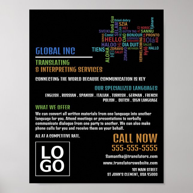 Affiche Bonjour logo, traducteur et interprète (Devant)