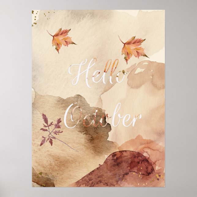 Affiche Bonjour Octobre Aquarelle Brown Feuilles d'érable (Devant)