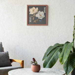 AFFICHE BONJOUR PRINTEMPS VINTAGE BLANC FLEURS ÉLÉGANTES