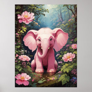 Affiche Bonjour tout le monde ! Eléphant rose bébé