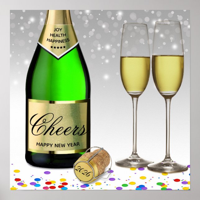 Affiche Bonne année 2025 Bouteille de vin mousseux (Devant)