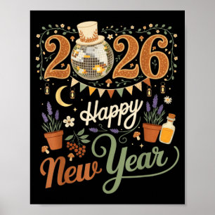 Affiche Bonne année 2026 Cottagecore Disco Champignon Natu