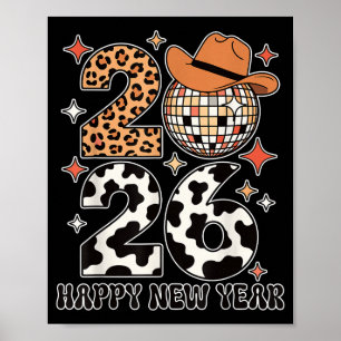 Affiche Bonne année 2026 Cowgirl Boule disco Western Leo