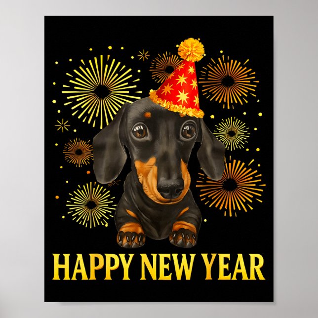Affiche Bonne année 2026 Teckel Feux d'artifice Nouvel An  (Devant)