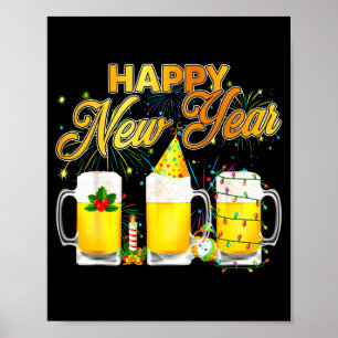 Affiche Bonne année 2026 Verres de bière Feux d'artifice N