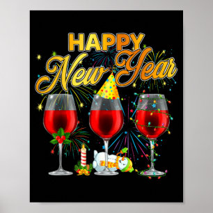Affiche Bonne année 2026 Verres de vin Feux d'artifice Nou