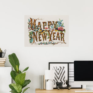 Affiche Bonne année dans les troncs d'arbres, les glands e