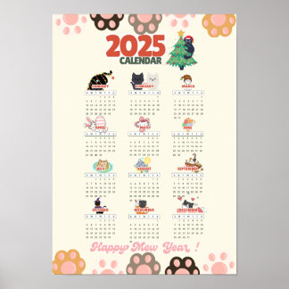 Affiche Bonne année Miaou 2025 calendrier mural pour les a