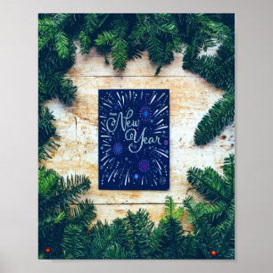 Affiche Bonne année Pin bleu et vert