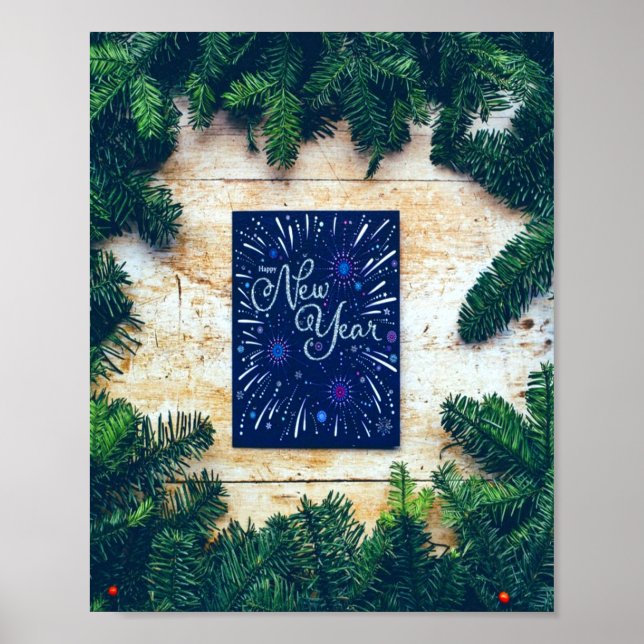 Affiche Bonne année Pin bleu et vert (Devant)
