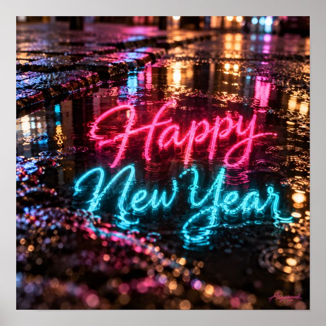 Affiche Bonne année Reflet de flaque néon  (Devant)