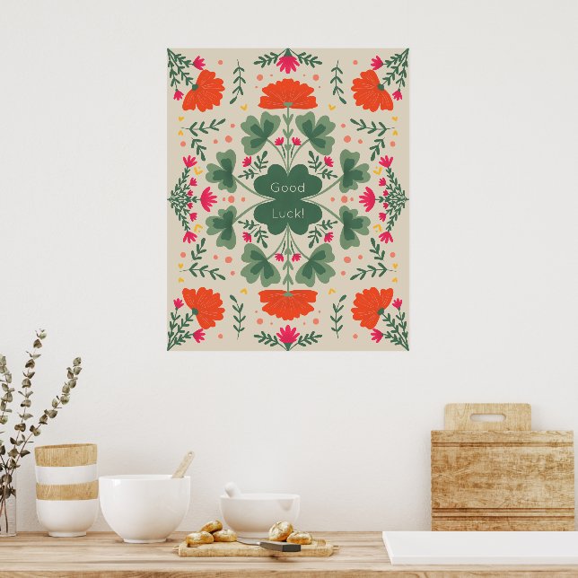 Affiche Bonne chance : fraises et fleurs (Cuisine)