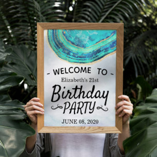 Affiche Bonne fête d'anniversaire Turquoise Gold Agate Géo