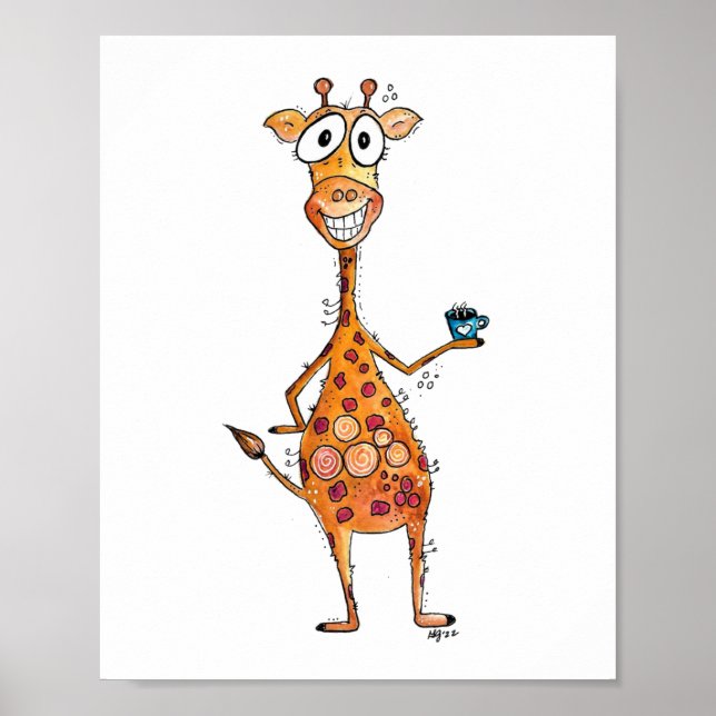 Affiche Bonne Giraffe Whimsical Boire Café (Devant)