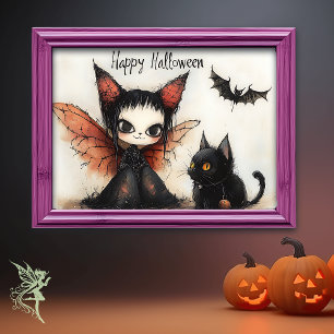 Affiche Bonne Halloween Fairy & Cat   Joli mur Éffrayant