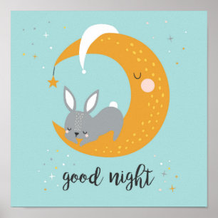 Affiche Bonne nuit avec lapin et lune