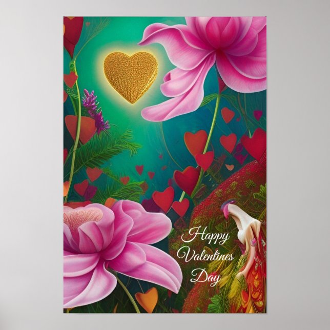 Affiche Bonne Saint Valentin - Fleurs et Coeurs roses (Devant)