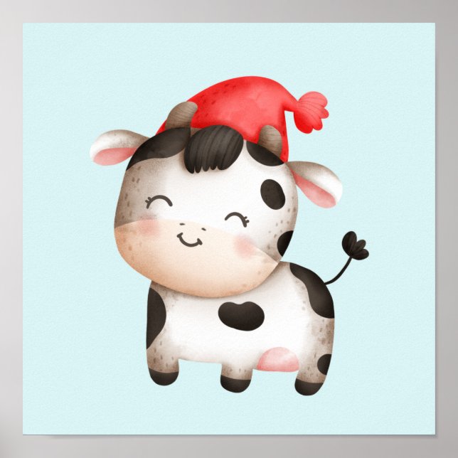 Affiche Bonne vache dans un Casquette rouge mignon (Devant)