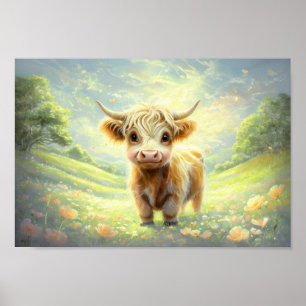 Affiche Bonne Vache Des Hautes Terres Entourée De Fleurs V