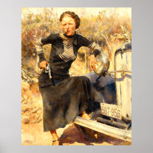 Affiche Bonnie Parker fumant un cigare 1933 peinture IA