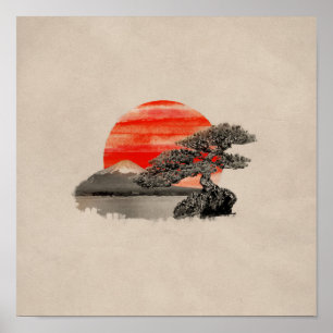 Affiche Bonsai Pine Tree - Fuji Sunset