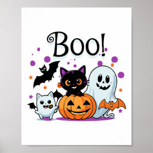 Affiche Boo Ghost Citrouille Chat et chauves-souris Hallow