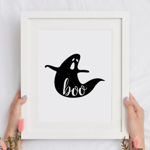 Affiche Boo. Un joli fantôme noir blanc. Fête des enfants